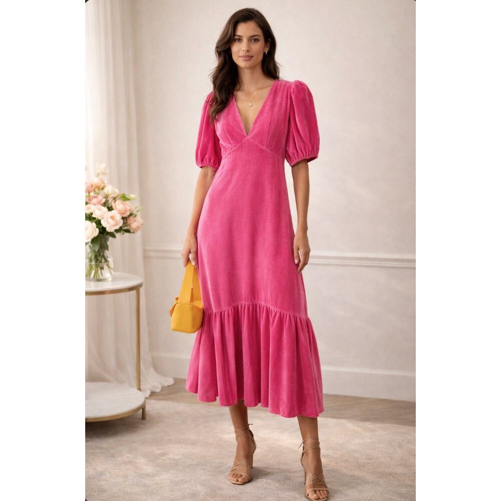 RHODE Pink Velvet Puff Sleeve V-Neck Midi Dress Ruffle Hem Size 6